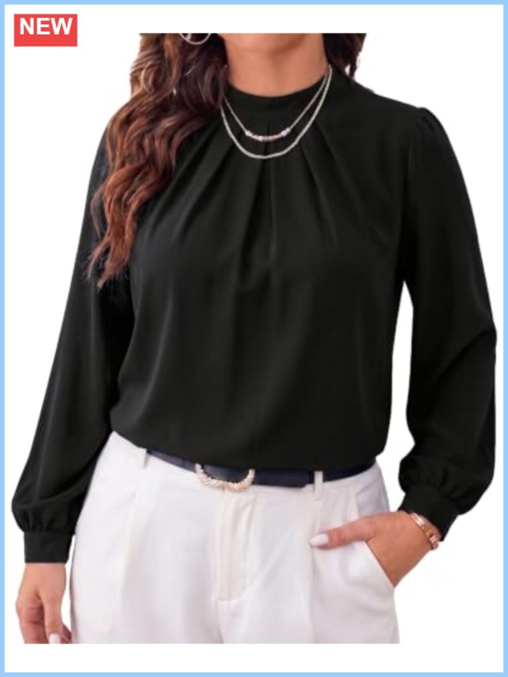 Plus Size Mock Neck Pleated Front Long Sleeve Blouse